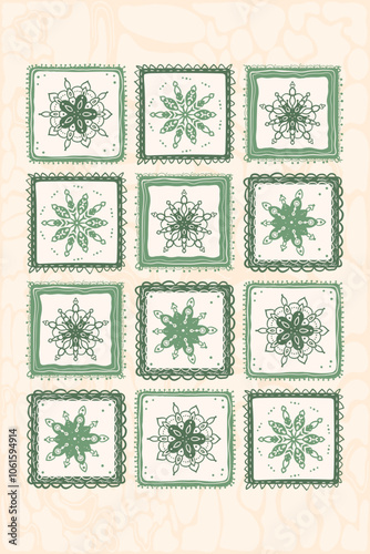 Green mandala-style decorative tile designs on a beige background poster. Vector hand drawn flat illustration.