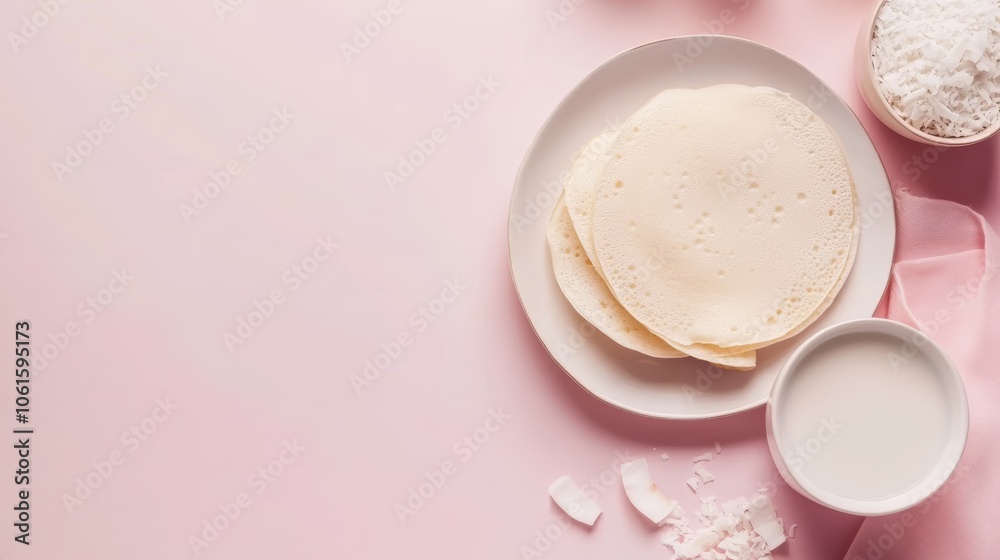 Flat lay of a stack of pancakes, coconut flakes and milk on a pink background. Flat lay of a stack of pancakes, coconut flakes and milk on a pink background.