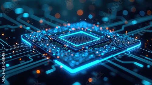 Close-up of illuminated blue microchip on circuit board	