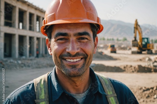 Close portrait of a smiling 40s Tajik man construction worker looking at the camera, Tajik outdoors construction site blurred background photo