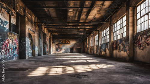 Industrial Ruins: A glimpse into the forgotten past - Sunbeams pierce through a network of dusty windows, illuminating the forgotten beauty of an abandoned factory. Graffiti art.