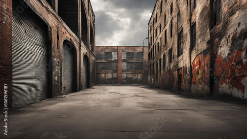 Urban Alleyway: An atmospheric view of a deserted urban alley, with brick buildings lining both sides and a sense of mystery in the air.