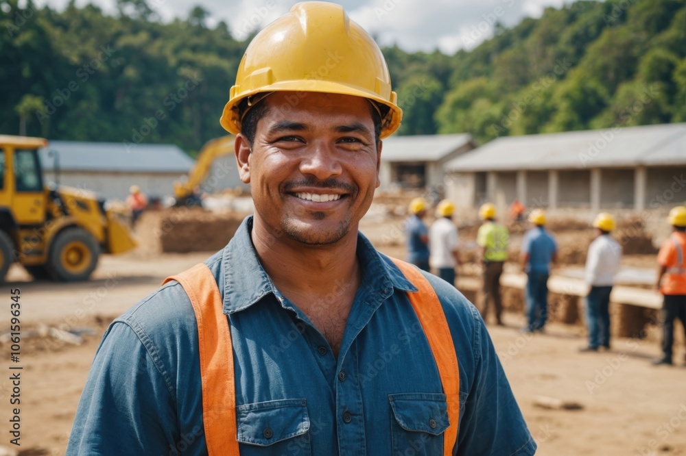 Close portrait of a smiling 40s Tongan man construction worker looking at the camera, Tongan outdoors construction site blurred background Close portrait of a smiling 40s Tongan man construction worker looking at the camera, Tongan outdoors construction site blurred background