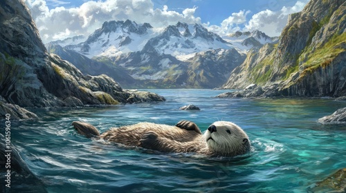 Gentle sea otter floating on its back in a serene bay, with rocky coastal cliffs and ocean waves nearby photo