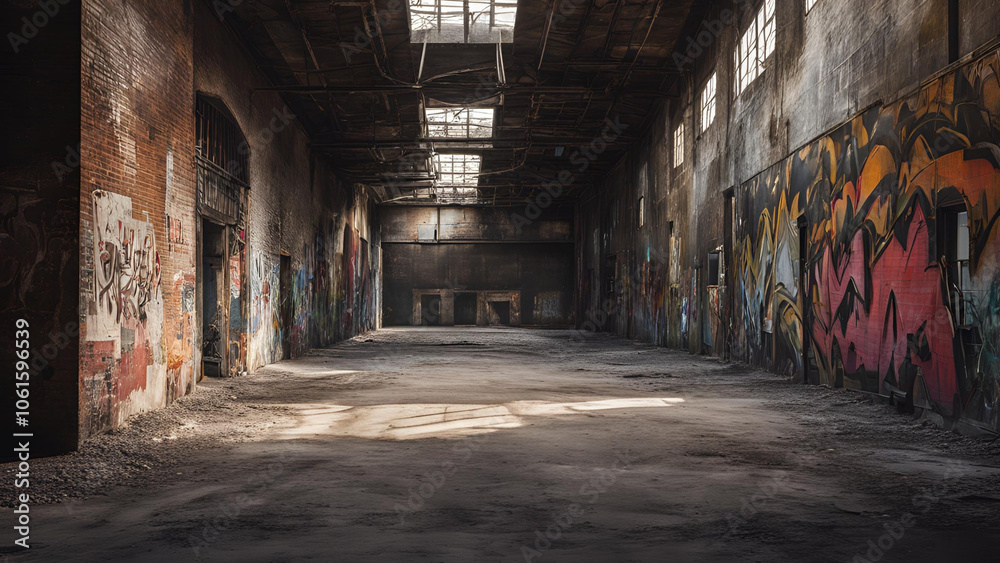 Abandoned Warehouse with Graffiti: A haunting and evocative glimpse into an abandoned warehouse, bathed in the soft glow of sunlight streaming through broken windows. Graffiti art adorns the walls. Abandoned Warehouse with Graffiti: A haunting and evocative glimpse into an abandoned warehouse, bathed in the soft glow of sunlight streaming through broken windows. Graffiti art adorns the walls.