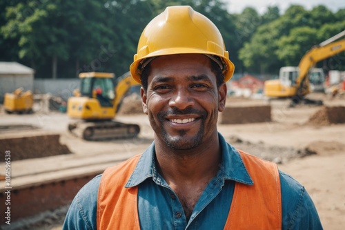 Close portrait of a smiling 40s Trinidadian man construction worker looking at the camera, Trinidadian outdoors construction site blurred background