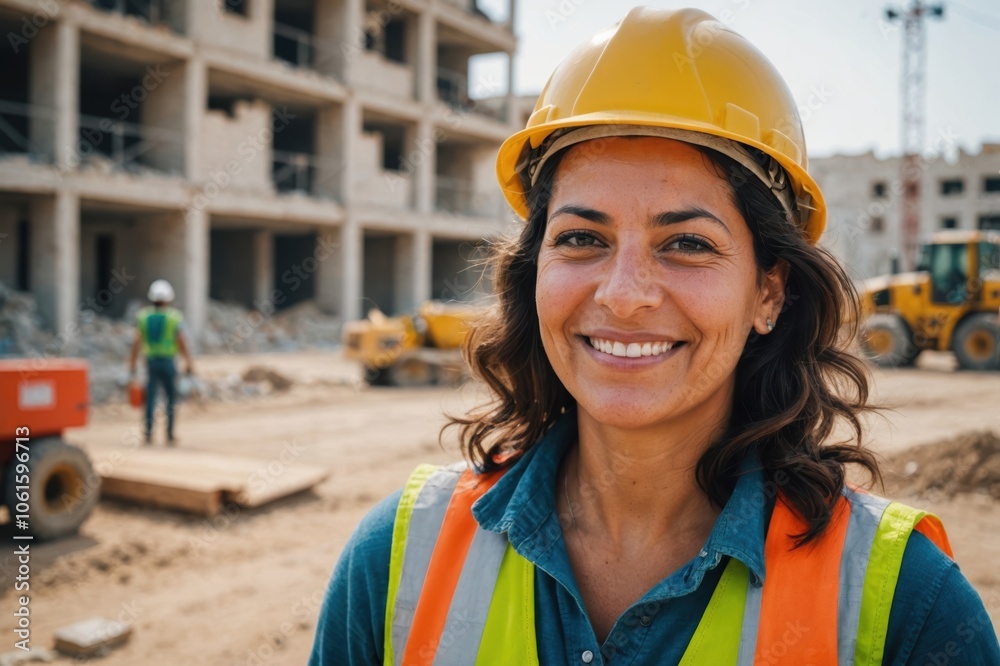 Close portrait of a smiling 40s Tunisian woman construction worker looking at the camera, Tunisian outdoors construction site blurred background Close portrait of a smiling 40s Tunisian woman construction worker looking at the camera, Tunisian outdoors construction site blurred background