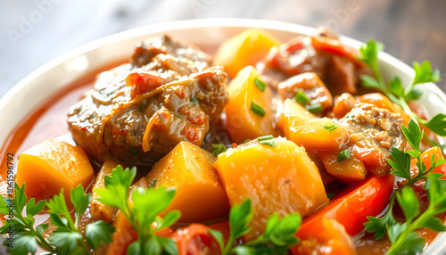 Meat and Vegetables Stew isolated with white shades, png