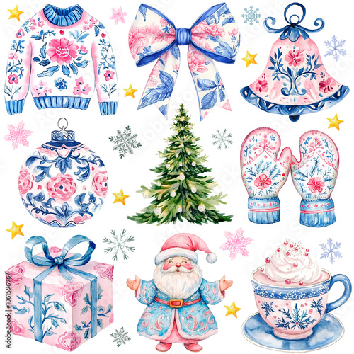Blue Chinoiserie Christmas Illustration Collection, Elegant set of blue and pink Christmas illustrations featuring a floral sweater, Santa, tree, and festive elements. Ideal for holiday projects.

