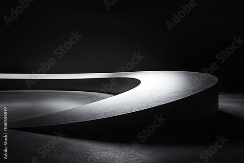 Abstract dark background featuring architectural photography with atmospheric lighting, hyperrealistic details, concrete floor, spiral pattern, and minimalist monochrome design.