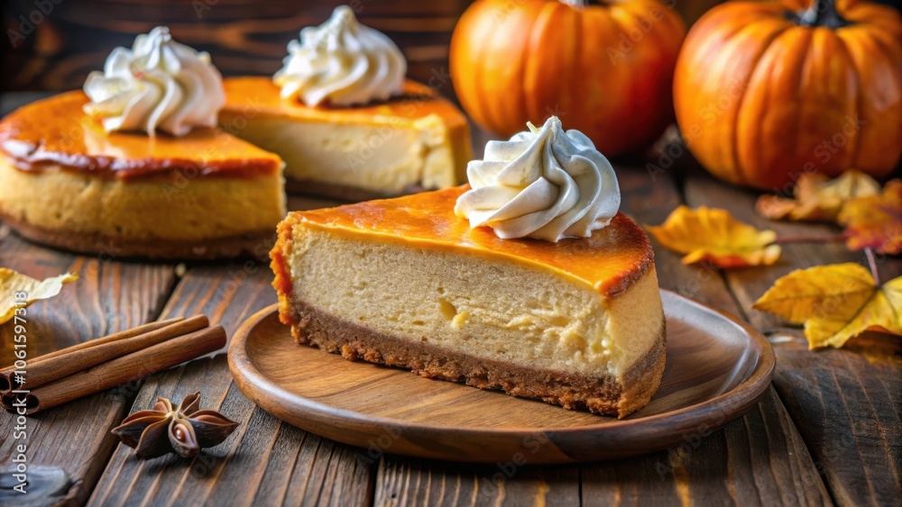 A slice of pumpkin cheesecake with whipped cream, resting on a wooden plate with cinnamon sticks and star anise, accompanied by whole pumpkins and autumn leaves on a rustic wooden background. A slice of pumpkin cheesecake with whipped cream, resting on a wooden plate with cinnamon sticks and star anise, accompanied by whole pumpkins and autumn leaves on a rustic wooden background.