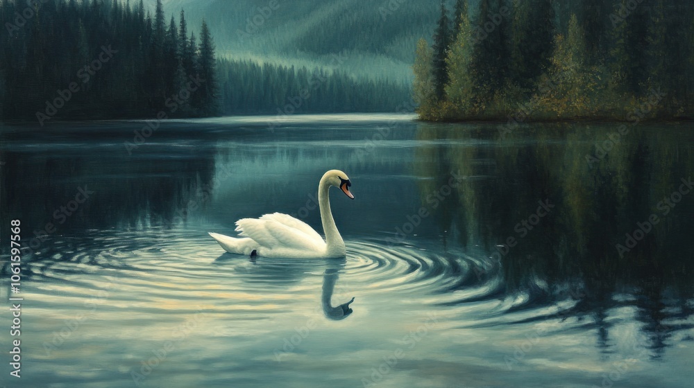 Fototapeta premium Graceful swan gliding on a calm lake, with soft ripples and a forest backdrop reflecting on the water