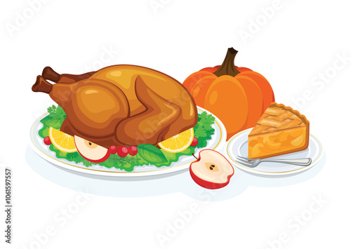 Thanksgiving dinner with roasted turkey and pumpkin pie vector illustration. Roasted turkey with garnish on a plate and a piece of sweet pie icon vector isolated on a white background
