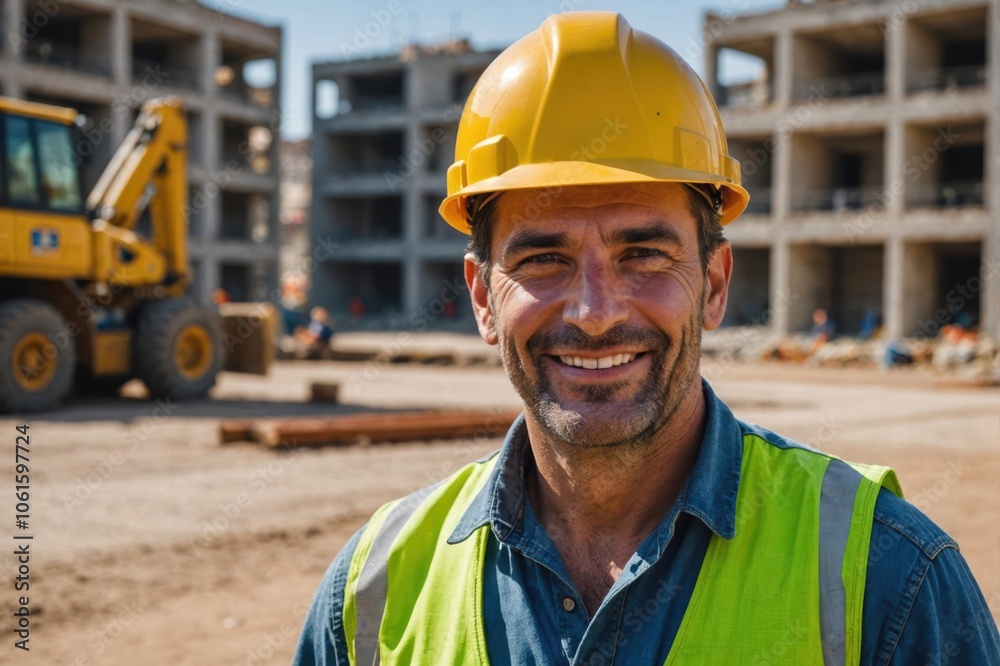 Close portrait of a smiling 40s Uruguayan man construction worker looking at the camera, Uruguayan outdoors construction site blurred background Close portrait of a smiling 40s Uruguayan man construction worker looking at the camera, Uruguayan outdoors construction site blurred background