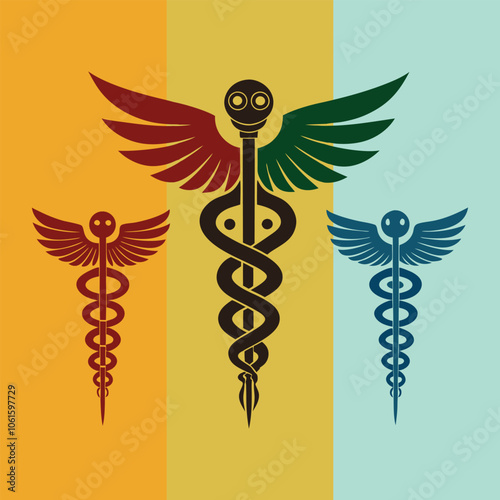 Set of Caduceus Medical Symbol Vector Silhouette Illustration Art. 