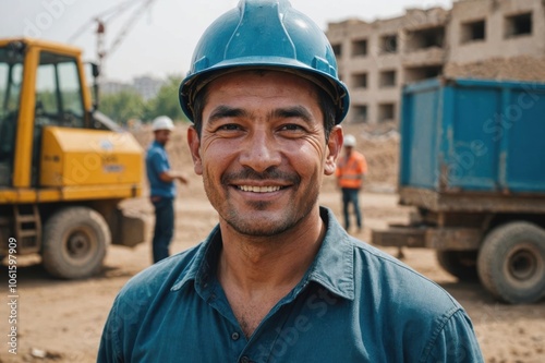 Close portrait of a smiling 40s Uzbek man construction worker looking at the camera, Uzbek outdoors construction site blurred background