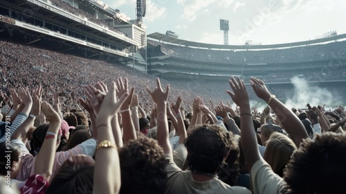 Enthusiastic concertgoers raise their hands in a massive outdoor stadium, basking in the energy of a live musical performance under the clear sky. photo