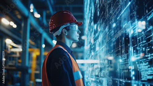 Smart industry 4.0 technology, engineer optimizing energy and productivity