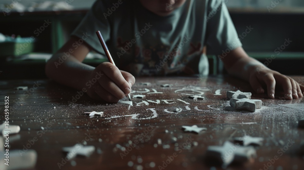 A child writes in chalk, surrounded by scattered stars, combining creativity with a sense of cosmic wonder on the desk. A child writes in chalk, surrounded by scattered stars, combining creativity with a sense of cosmic wonder on the desk.