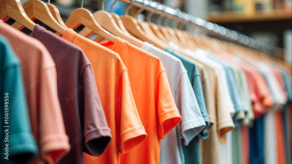 Fototapeta premium A variety of casual shirts in vibrant colors are neatly hung on wooden hangers, showcasing an organized clothing rack in a retail store, inviting customers to browse.