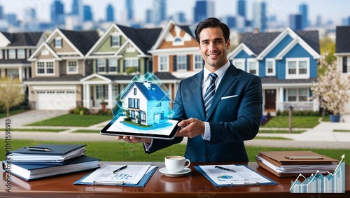 Professional Businessman Standing in Front of a Modern Office Building, Perfect for Corporate Promotion and Business Presentations photo