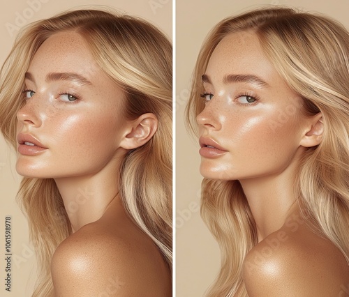 A photorealistic before and after photo of an elegant blonde woman with clear skin. The left side shows visible redness, while the right side features smooth, ,generative ai