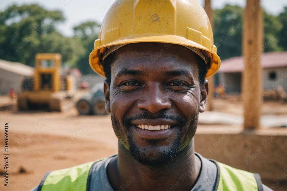 Close portrait of a smiling 40s Zimbabwean man construction worker looking at the camera, Zimbabwean outdoors construction site blurred background Close portrait of a smiling 40s Zimbabwean man construction worker looking at the camera, Zimbabwean outdoors construction site blurred background