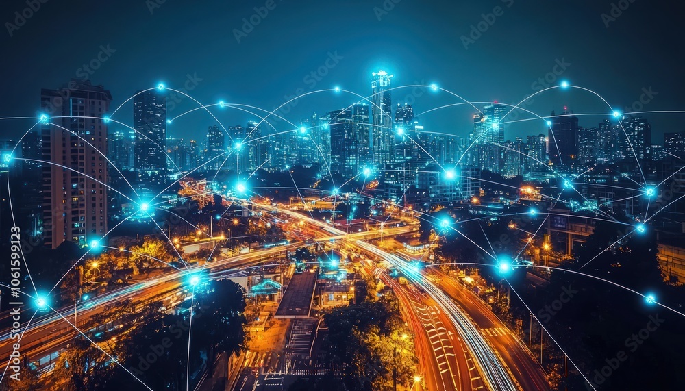 Modern cityscape connected via wireless technology network with a nighttime aesthetic Modern cityscape connected via wireless technology network with a nighttime aesthetic