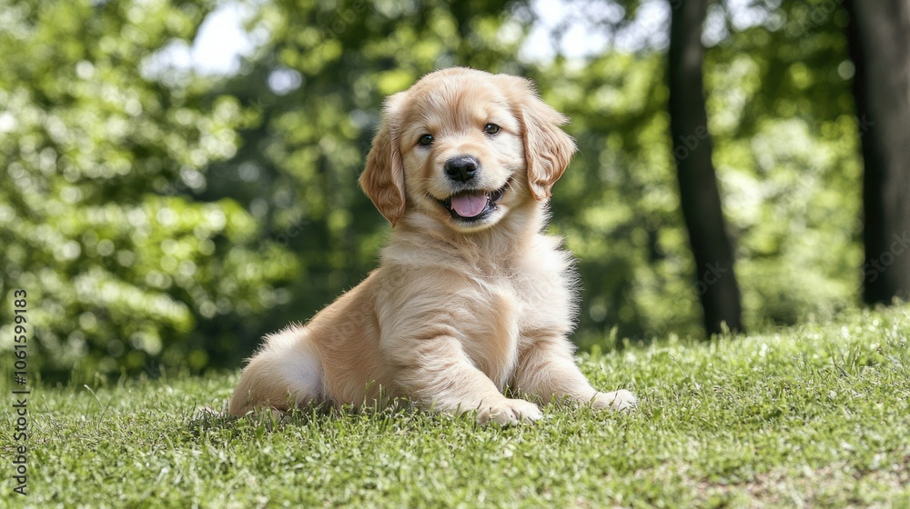 Happy golden retriever puppy sitting in a sunny park, with green grass and trees in the background, smiling at the camera Happy golden retriever puppy sitting in a sunny park, with green grass and trees in the background, smiling at the camera