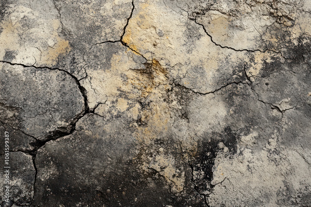 Obraz premium Cracked surface with varying textures and colors, suggesting age and wear.