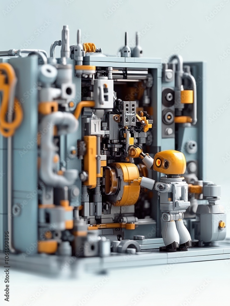 A small robot interacts with a complex machine, showcasing a blend of technology and design. A small robot interacts with a complex machine, showcasing a blend of technology and design.