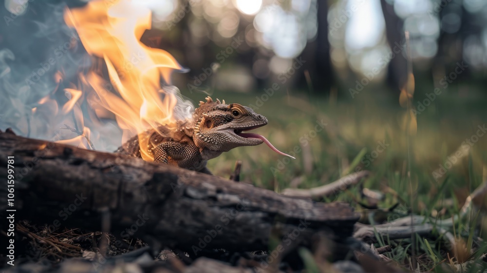 Dramatic scene of a lizard amidst flames in a forest, capturing a raw, elemental struggle of survival and nature’s fierce beauty. Dramatic scene of a lizard amidst flames in a forest, capturing a raw, elemental struggle of survival and nature’s fierce beauty.