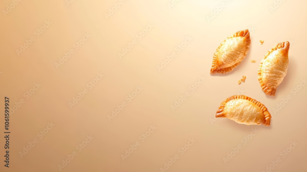 Three golden brown pastries on a beige background. Three golden brown pastries on a beige background.