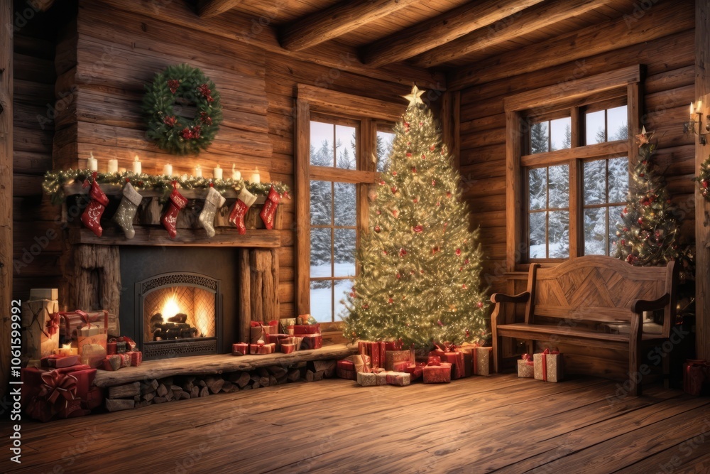 Cozy fireplace with Christmas decorations and gifts over wooden wall Cozy fireplace with Christmas decorations and gifts over wooden wall