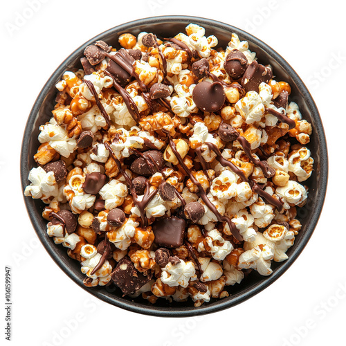 A delicious bowl of popcorn drizzled with chocolate and mixed with various toppings. Ideal for snacks or movie nights, this treat combines sweet and savory flavors. png transparent background