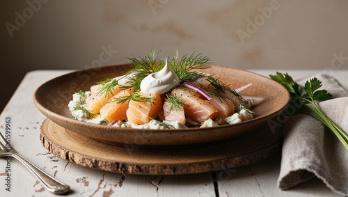 Delicious Scandinavian-Inspired Fish Salad Served on a Bright Plate, Perfect for Health-Conscious Dining and Culinary Enthusiasts