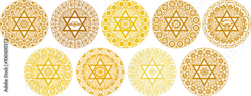 Set of Judaism golden lace vector artwork. Highly detailed mandala with folk floral motifs and six pointed star. Use as decoration for events, print, wall art, packaging, sticker, cards and more.
