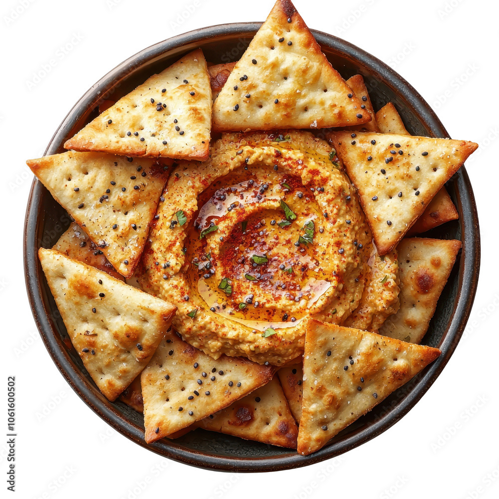 A delicious platter featuring golden baked crackers surrounding a bowl of savory hummus, perfect for snacking and sharing. Ideal for recipes and food photography. png transparent background A delicious platter featuring golden baked crackers surrounding a bowl of savory hummus, perfect for snacking and sharing. Ideal for recipes and food photography. png transparent background