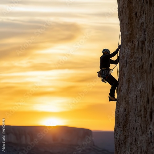 Climber scaling rock wall at sunset