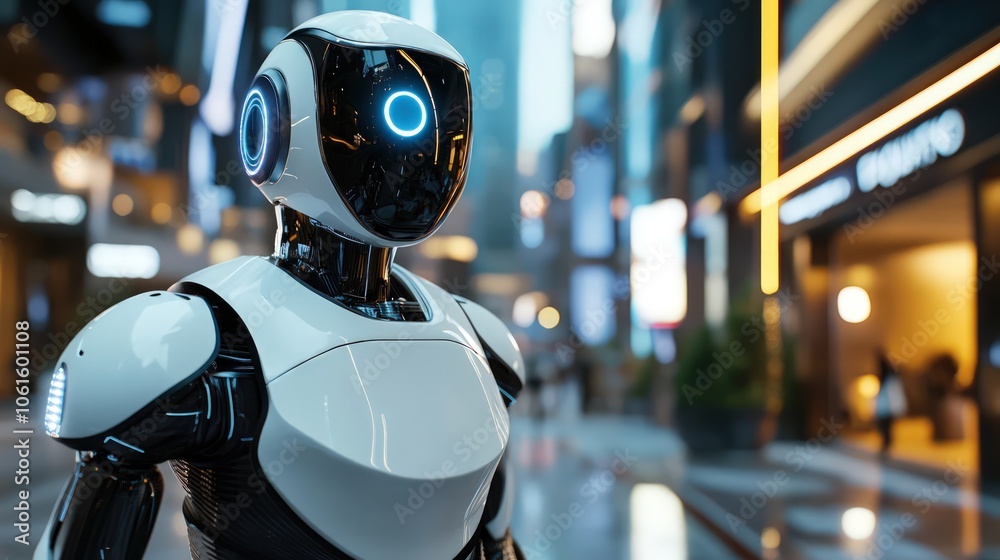 High-tech robotic security guard patrolling a futuristic city street