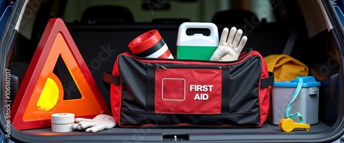 Emergency car kit essentials in a duffle bag for garage background with copy space