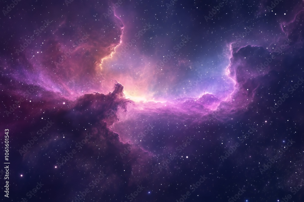 Fototapeta premium A vibrant nebula in space, a cosmic cloud of gas and dust glowing in a mix of pink, purple, and yellow hues, with scattered stars against a dark blue background.