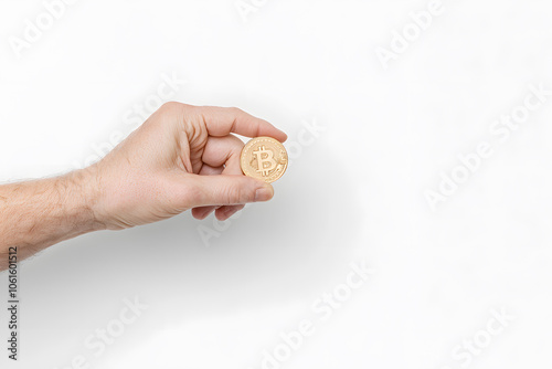 Closeup hand holding a bitcoin, isolated on white background. Cryptocurrency trading concept