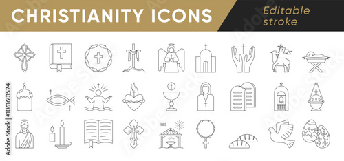 Set of linear outline icons related to Christianity, church, religion, god. Christmas, Easter, Epiphany, Jesus. Vector illustration. Editable stroke