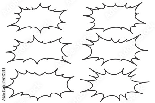 Comic manga speech frame. Vector bubble balloon burst. Effect text dialog bang. Surprise boom explosion. Element cartoon message. Black zigzag chat shape talk.