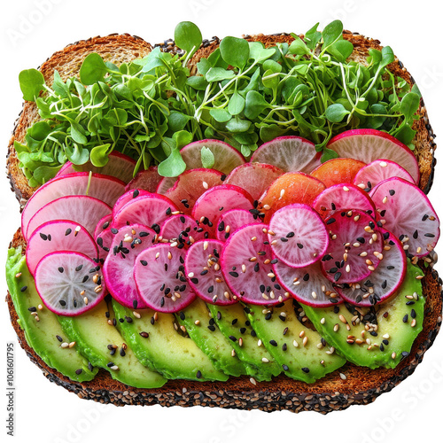 A vibrant, healthy toast topped with avocado, colorful radishes, and microgreens on a rustic bread slice, showcasing fresh ingredients in a delightful arrangement. png transparent background photo