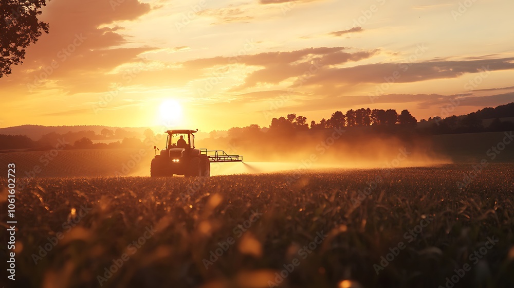 Fototapeta premium A tractor spraying crops at sunset in the farmland