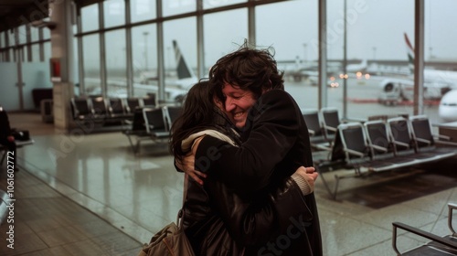 Two people embrace joyfully in an airport terminal, highlighting emotional reunions and travel’s heartfelt connections. photo