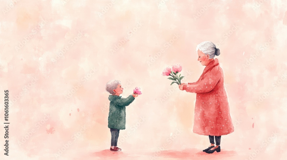 Fototapeta premium Child Giving Flower to Elderly Woman in Watercolor Art