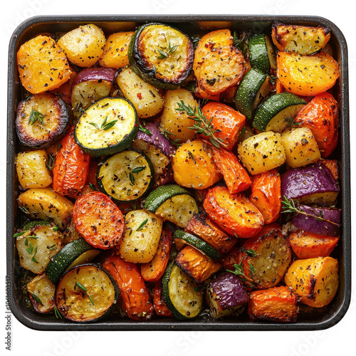 A vibrant mix of roasted vegetables, including carrots, zucchini, and potatoes, seasoned with herbs and spices. Perfect for healthy meal ideas and colorful dinner presentations. png transparent backgr